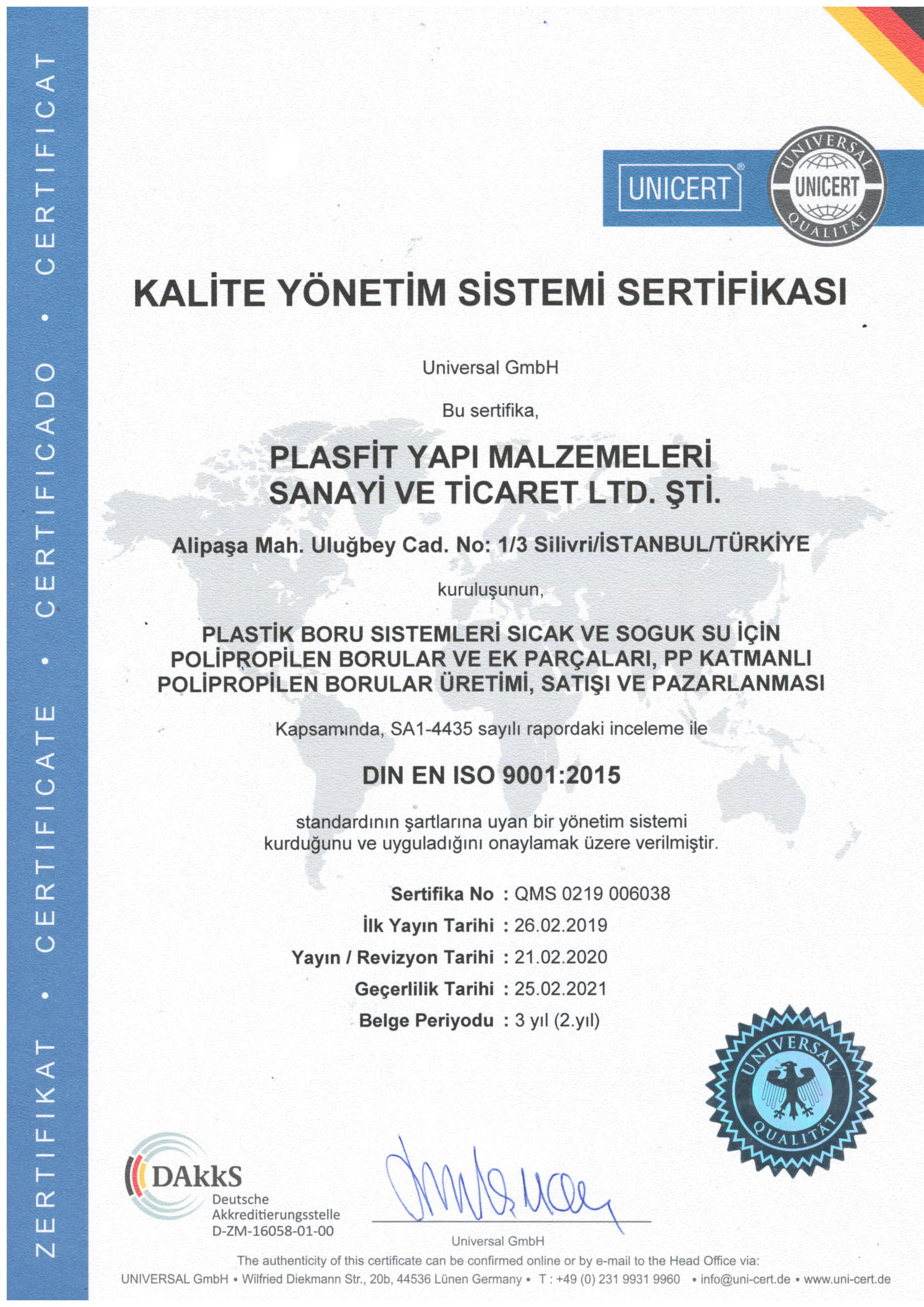 PLASFİT ISO 9001 2015 KALİTE YÖNETİMİ SERTİFİKASI 2020-1